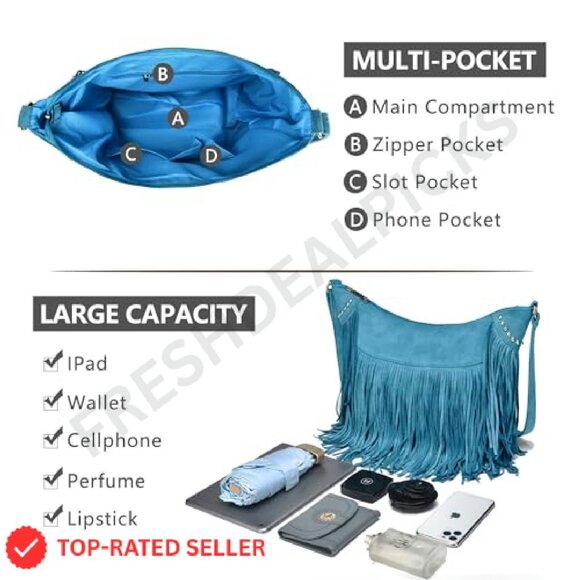 Vintage Suede Hobo Crossbody Bag Fringe Tassel Western Boho Chic - Picture 4 of 8